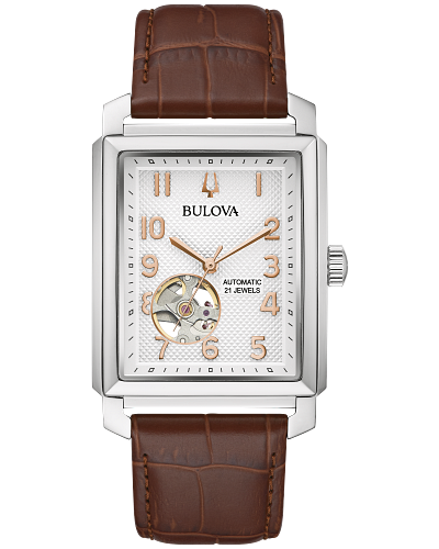 MENS BULOVA STAINLESS AUTOMATIC WATCH WITH BROWN LEATHER STRAP AND